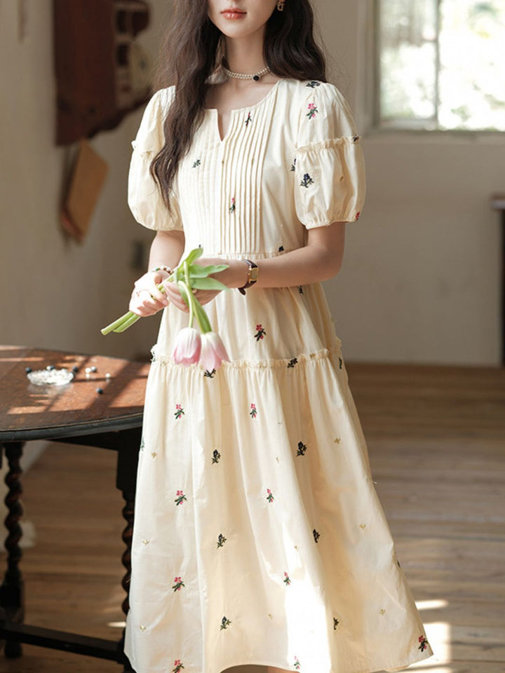 Puff Sleeve Embroidered Flower Dress