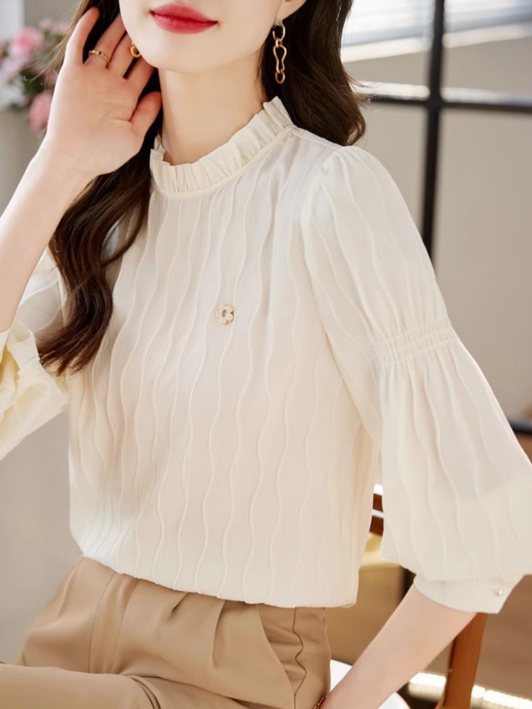 Wavy Textured Stand Collar Top