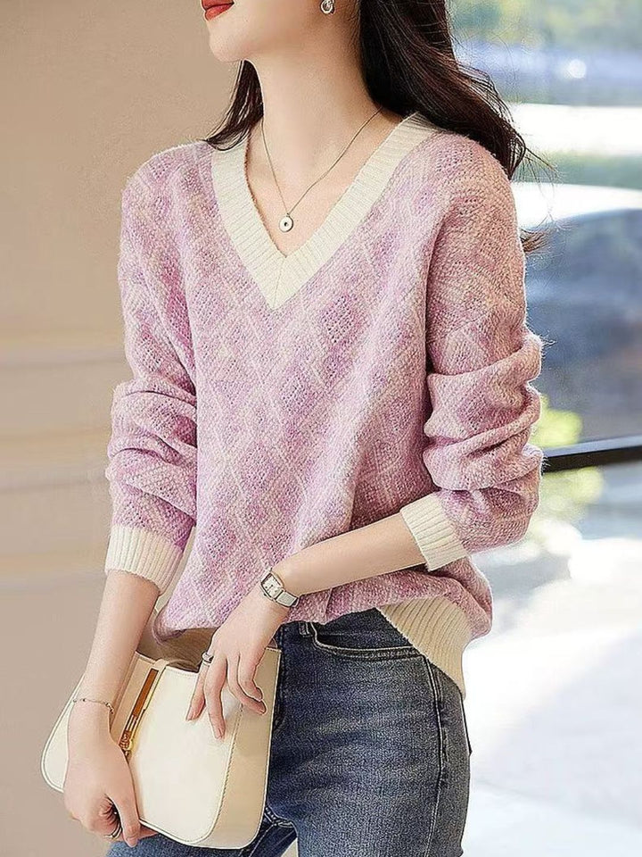 V-neck Contrast Check Sweater