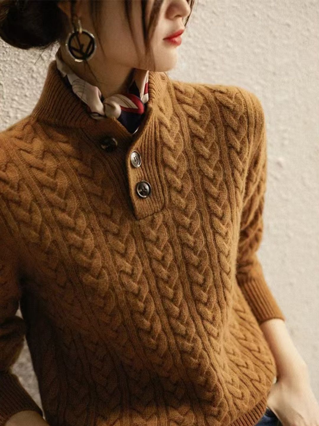 Solid Color Stand Collar Button Sweater