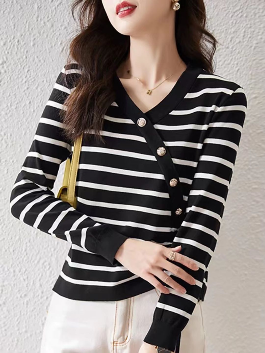 V-Neck Drawstring Striped Knitted Top