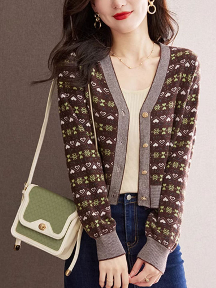 V-neck Contrast Color Knitted Cardigan