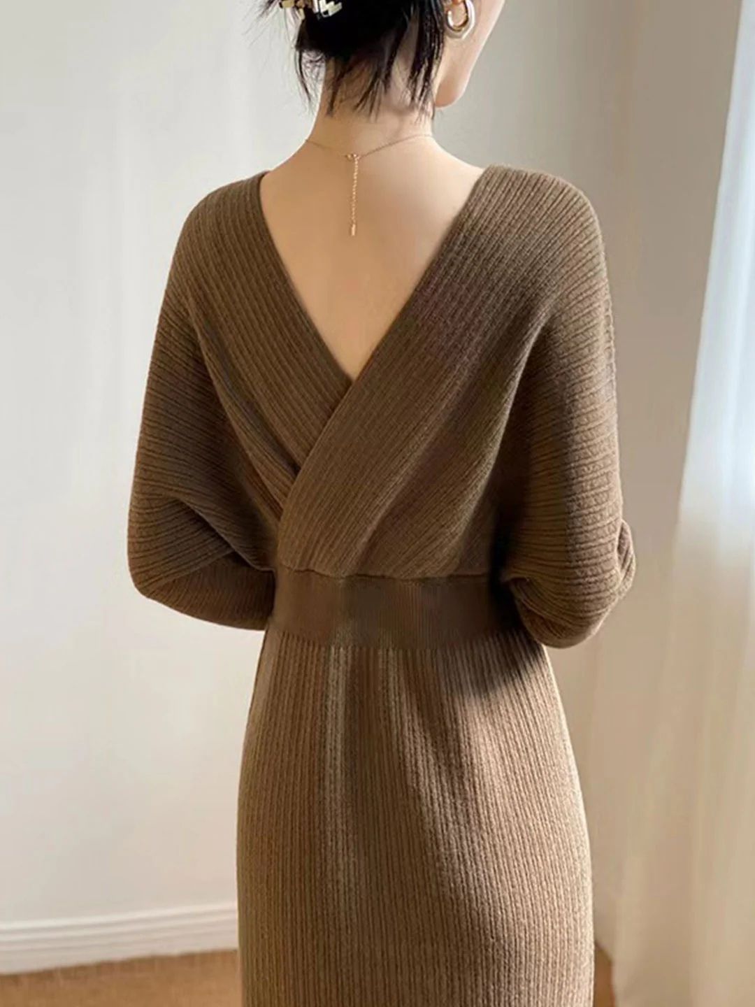 Vintage V-neck Knitted Sweater Dress - Coffee