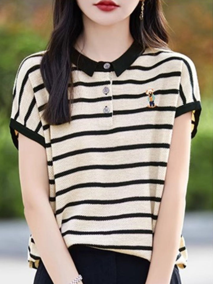 Contrast Stripe Polo Neck T-Shirt - Black