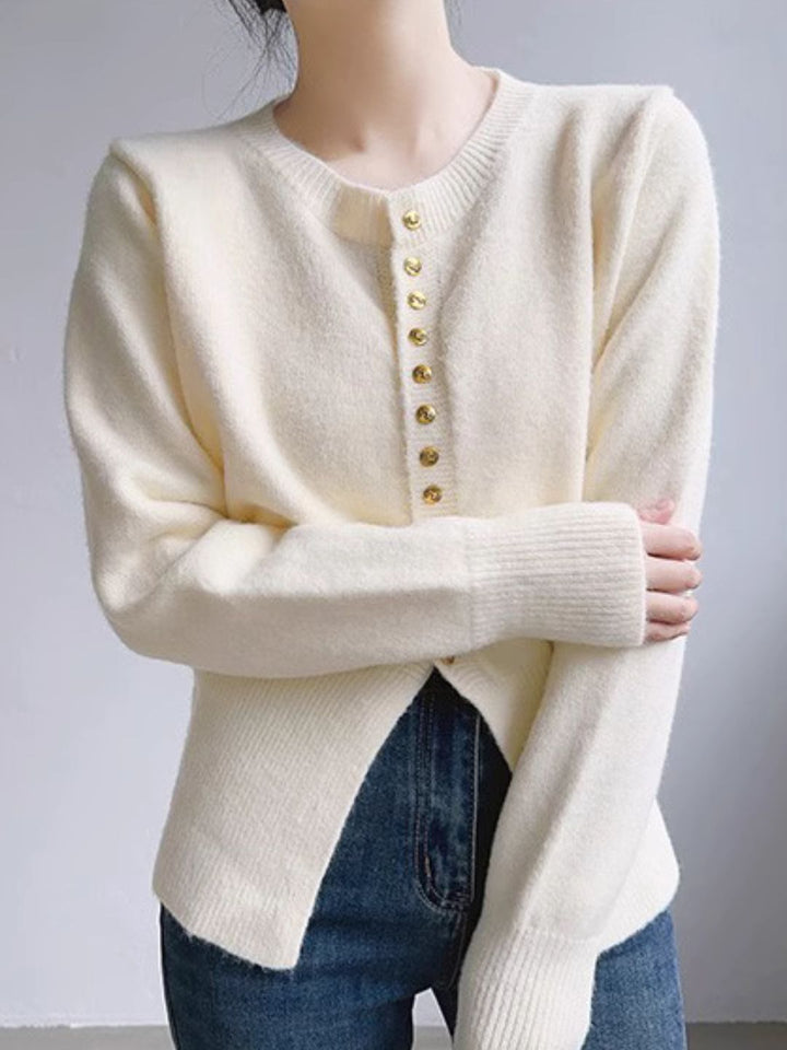 Crew Neck Solid Color Button Knitted Top