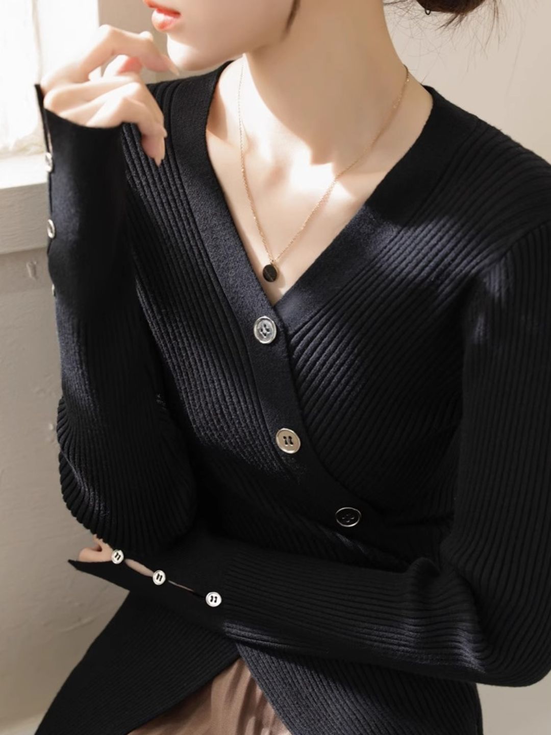 V-neck Cross Button Slit Sweater