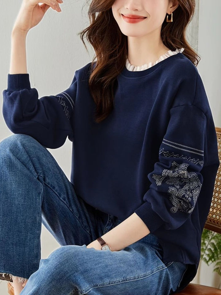 Lace Panel Embroidered Crew Neck Top