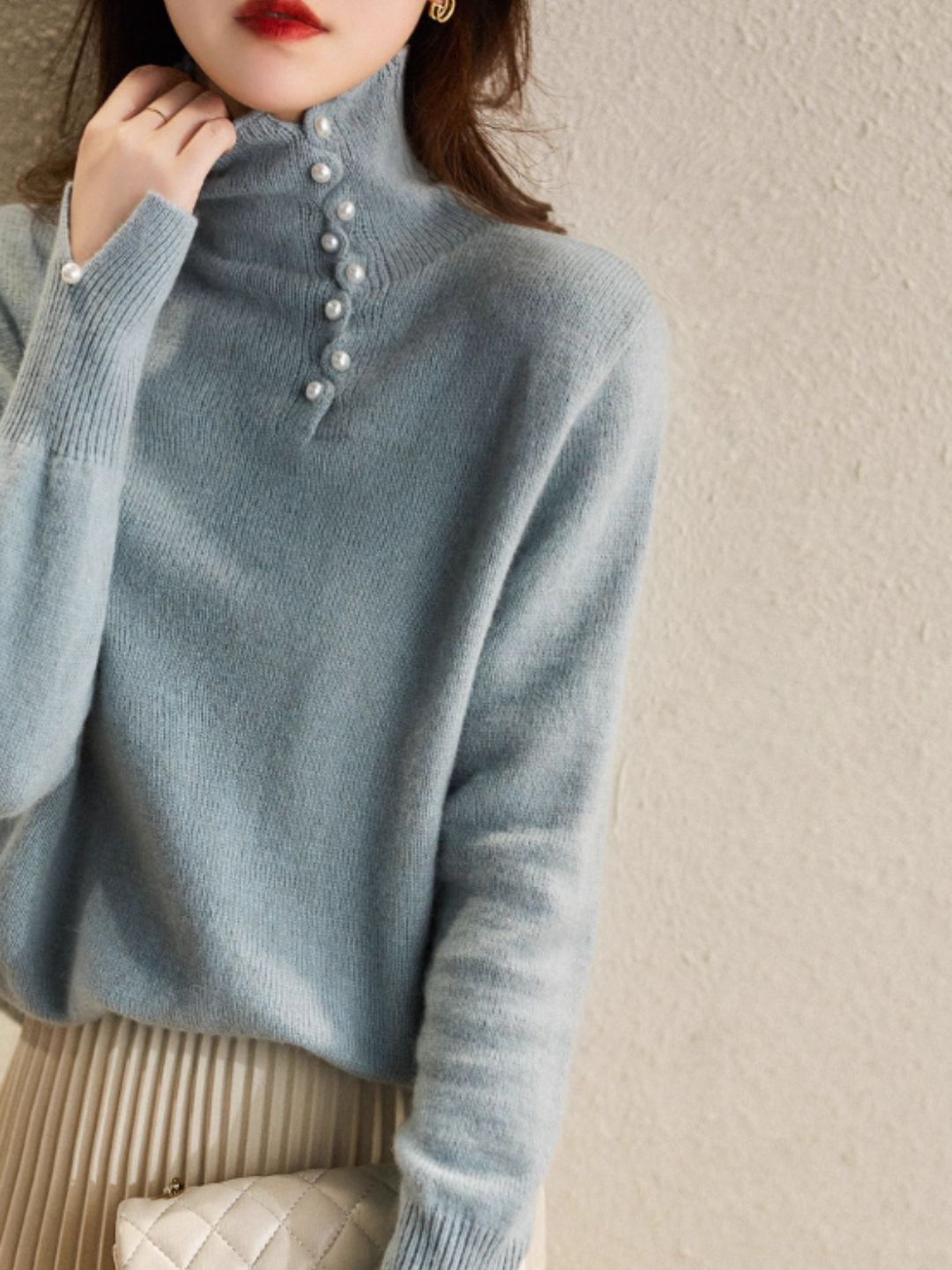 Buttoned Turtleneck Knitted Sweater - Blue