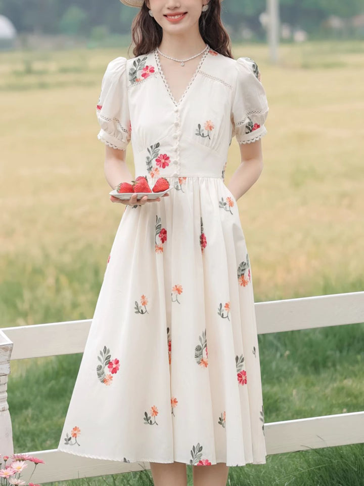 V-neck Floral Embroidered  Dress