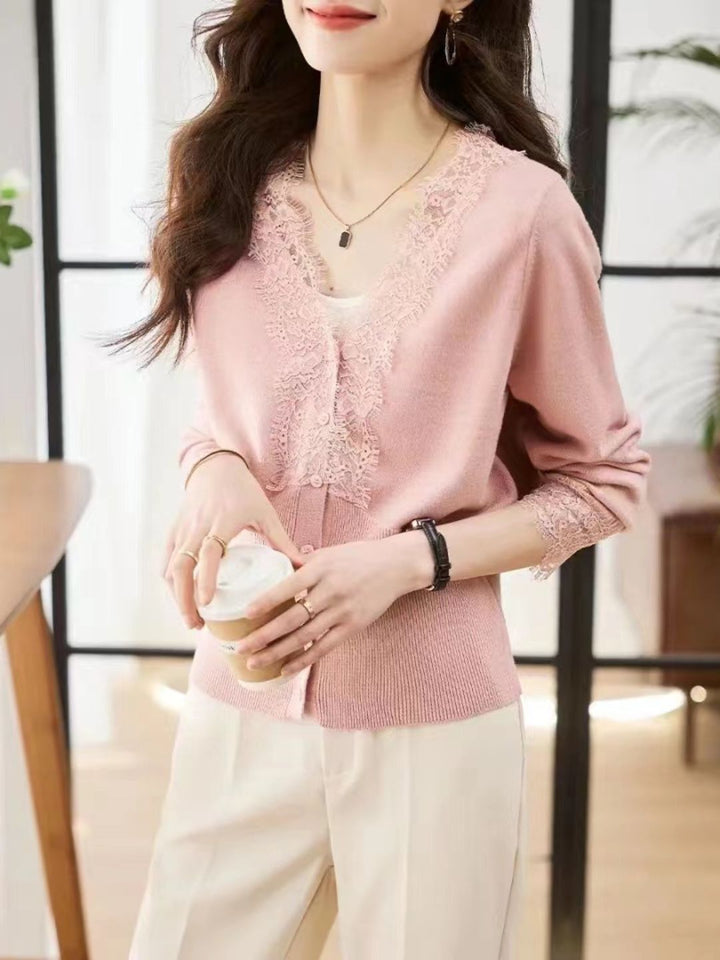 Lace Panel Knitted Cardigan - Apricot