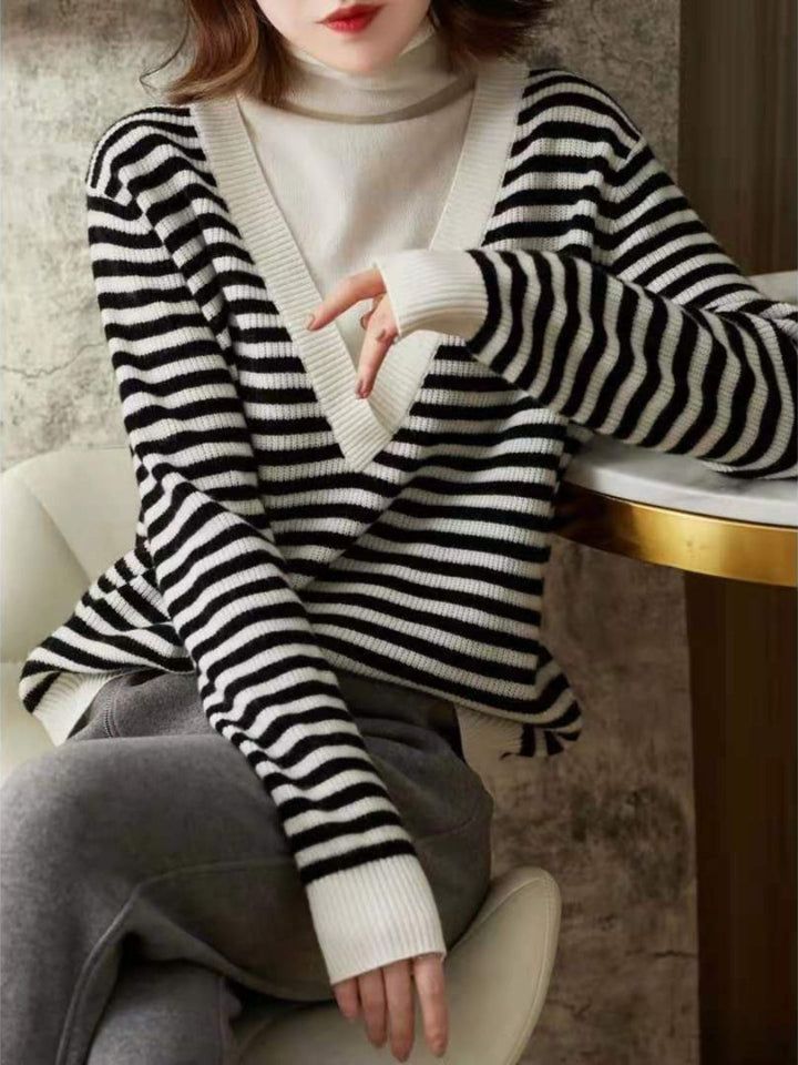 V-Neck Striped Pullover High-Neck Knit Top