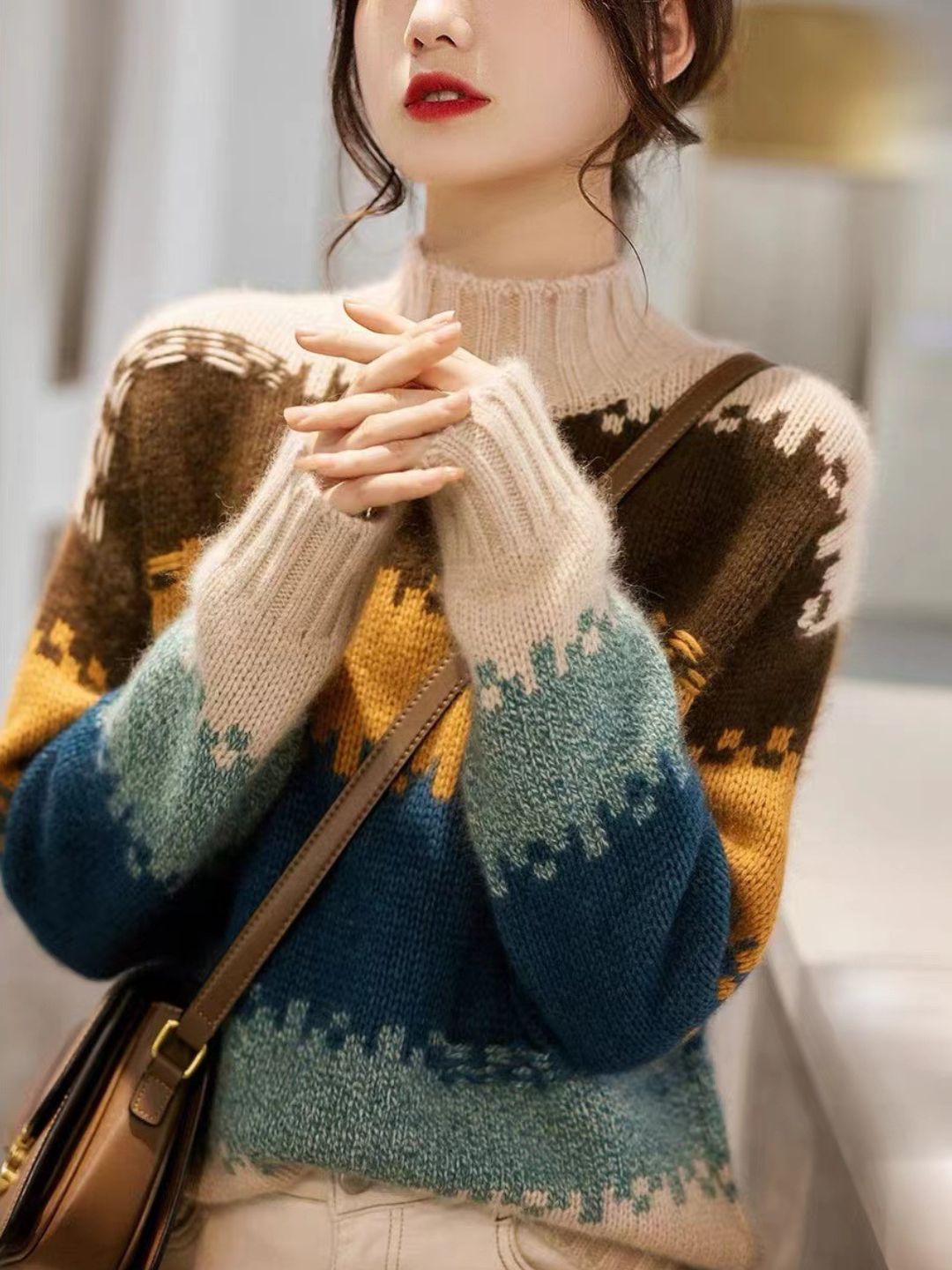 Elegant Rainbow Striped Turtleneck Sweater