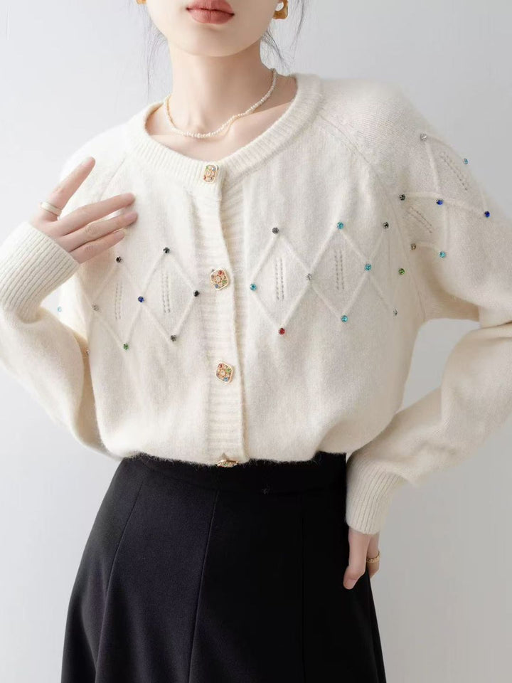 Crew Neck Beaded Knit Cardigan