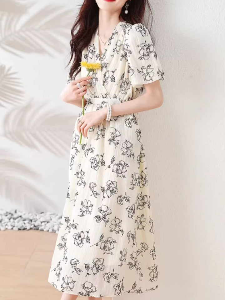 V-neck Printed Chiffon Dress