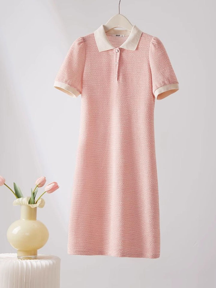 Contrast Color Lapel Textured Short Sleeve Dress