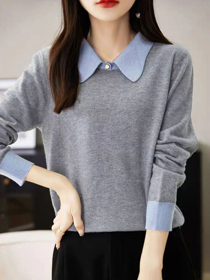 Loose Lapel Color-Blocked Knitted Top