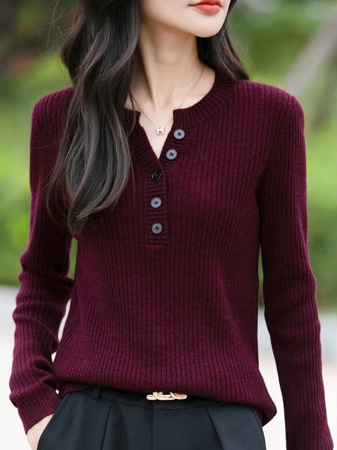 Slim Fit Half-Open V-Neck Sweater