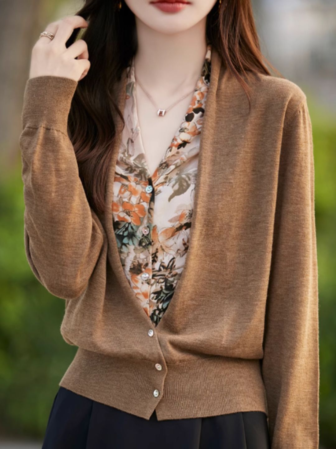 Casual V-Neck Printed Knitted Cardigan