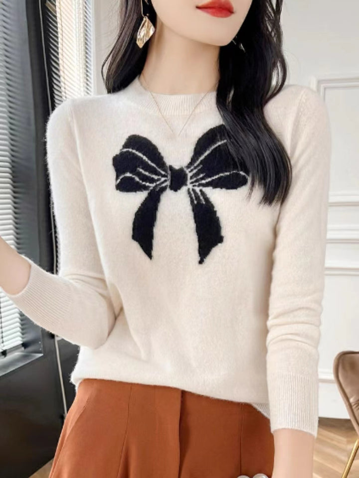 Loose Crew Neck Bow Jacquard Knitted Top