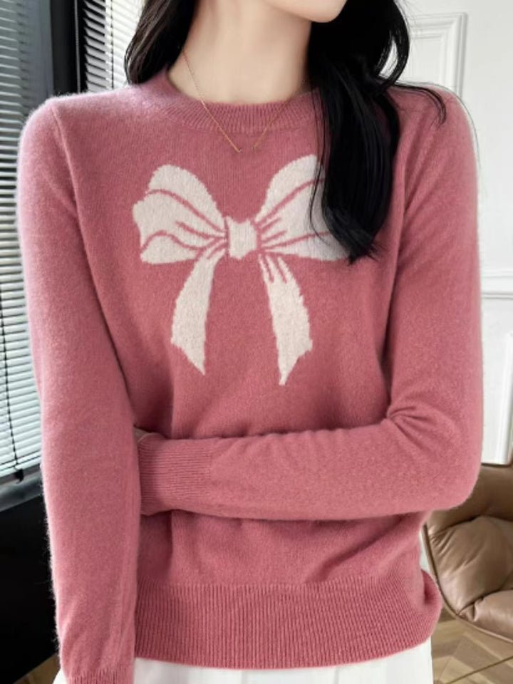 Loose Crew Neck Bow Jacquard Knitted Top