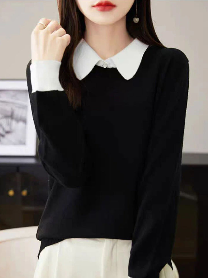 Loose Lapel Color-Blocked Knitted Top