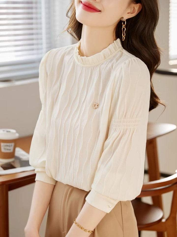 Wavy Textured Stand Collar Top