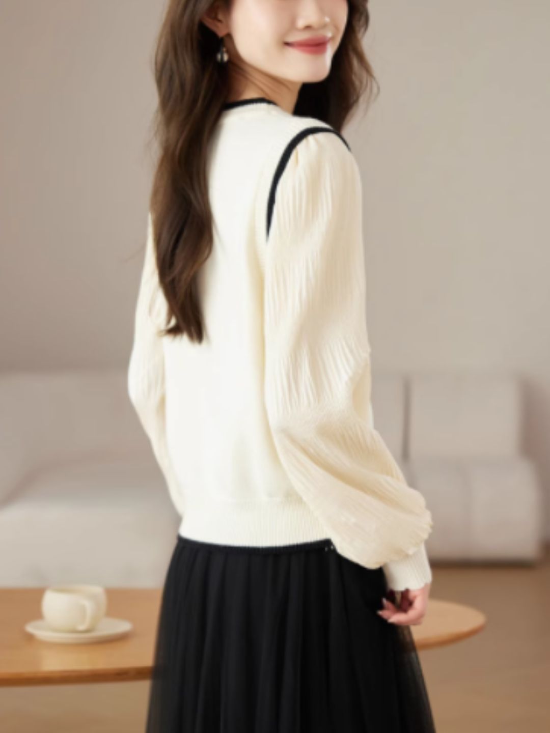 Casual Round Neck Lantern Sleeve Sweater