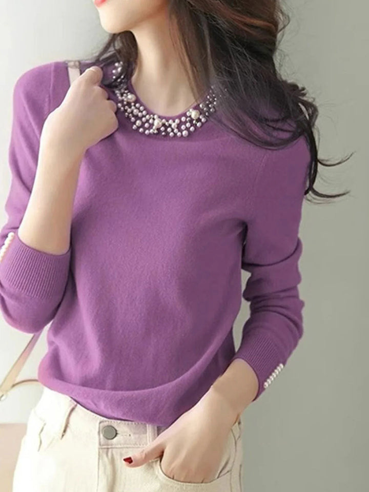 Elegant Beaded Pullover Knitted Top - Apricot