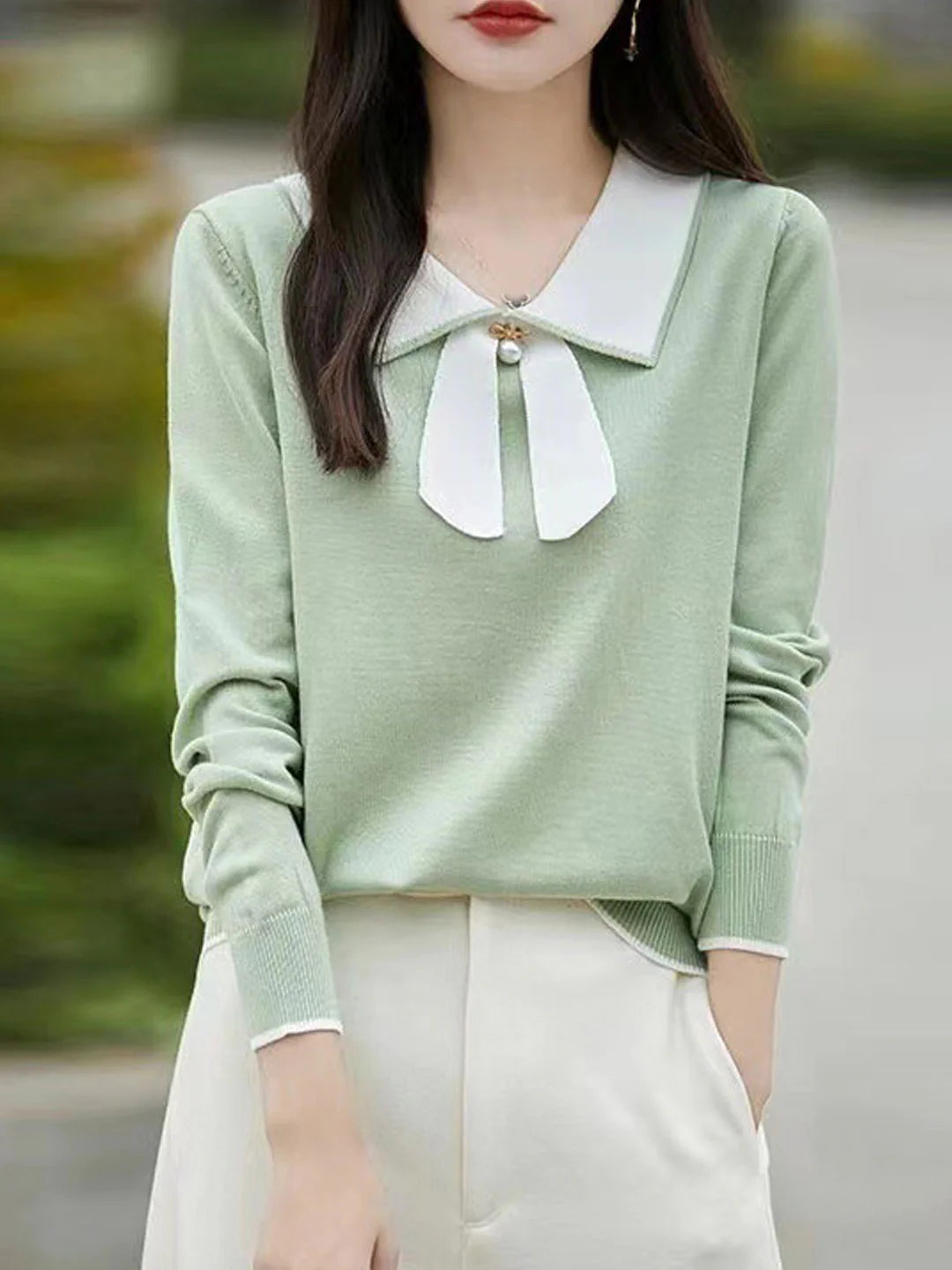 Doll Collar Bow Colorblock Knitted Top - Blue