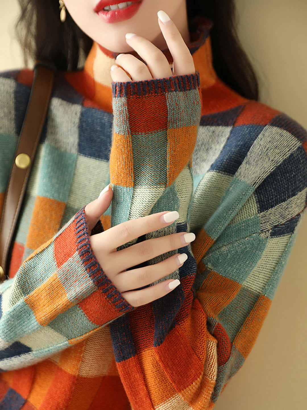 Loose Turtleneck Plaid Knitted Sweater