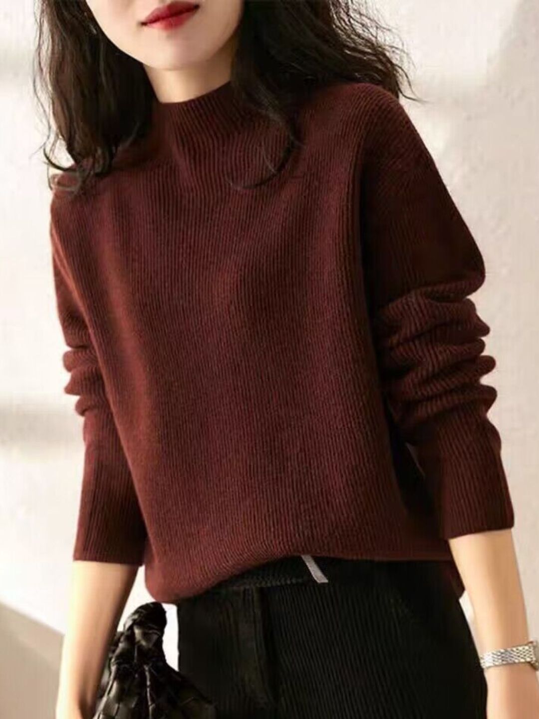 Solid Color High Collar Knit Top