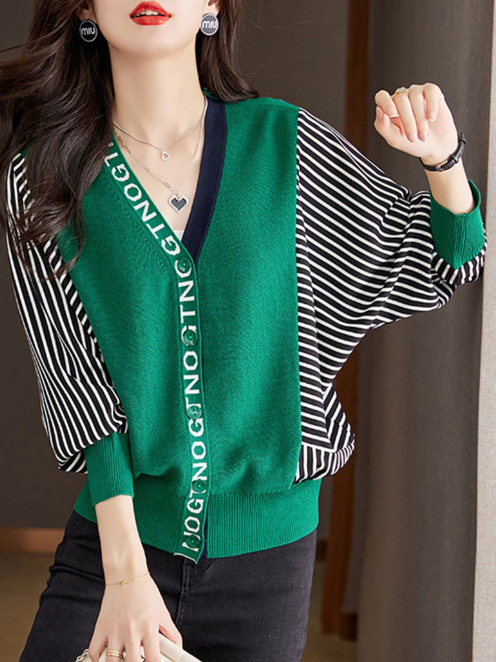 Casual V-Neck Striped Knitted Cardigan