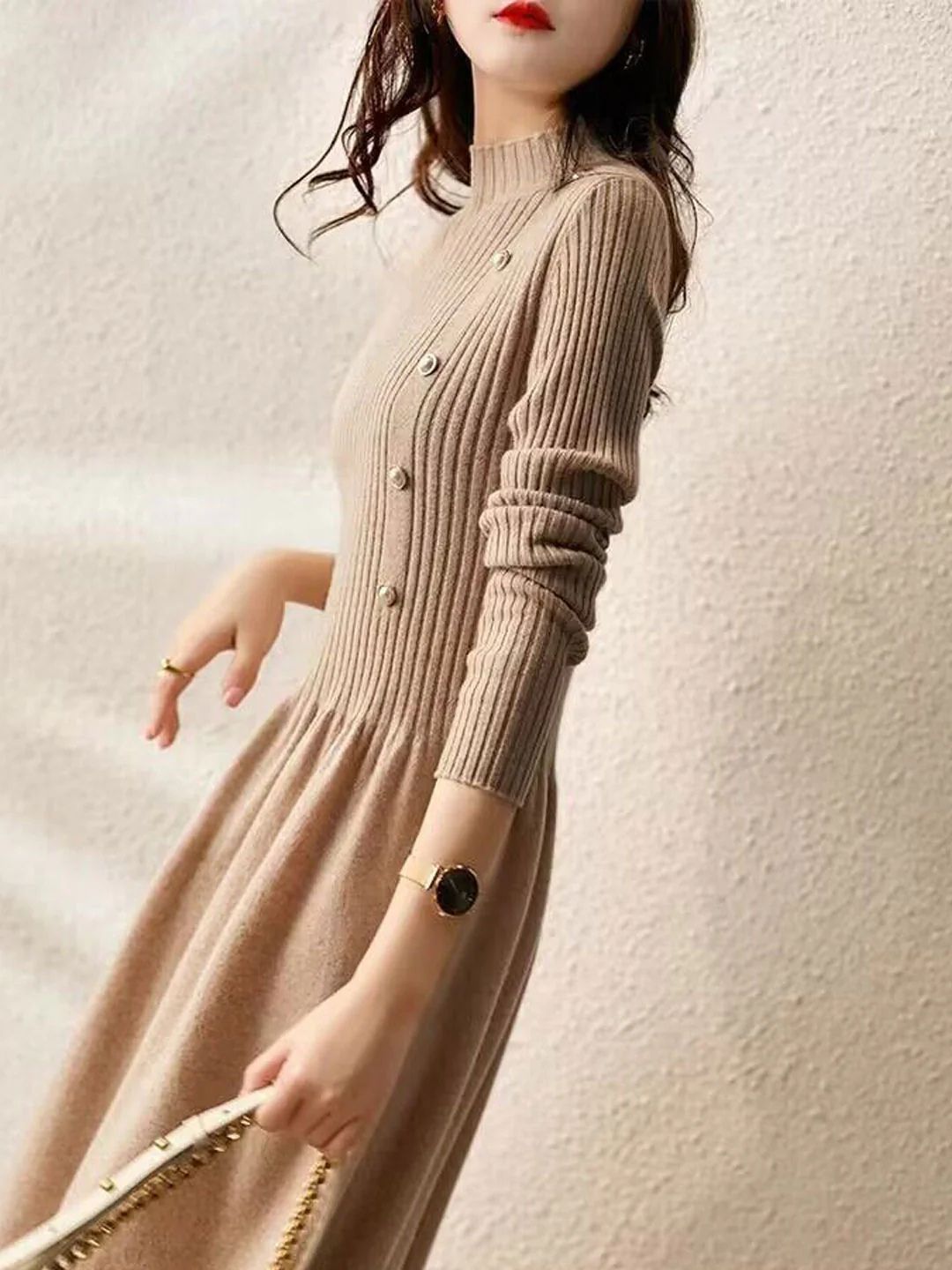 Turtleneck Solid Color Knitted Sweater Dress