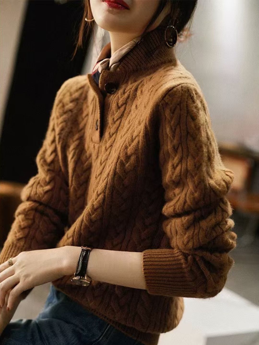 Solid Color Stand Collar Button Sweater