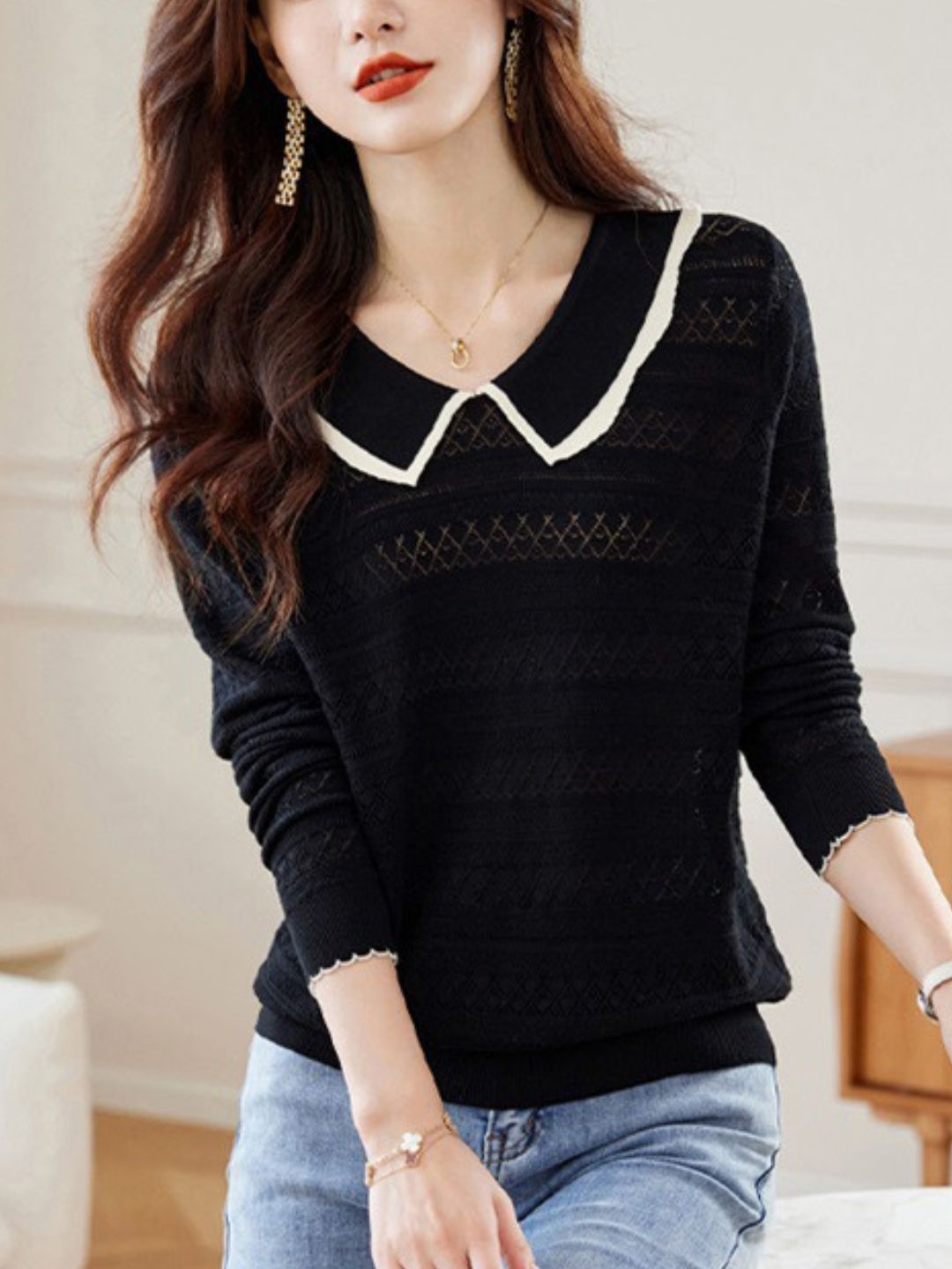 Grace Casual Doll Collar Hollowed Knitted Top