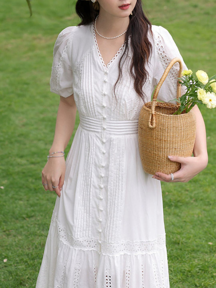 V-neck Lace Puff Sleeve Midi Dress