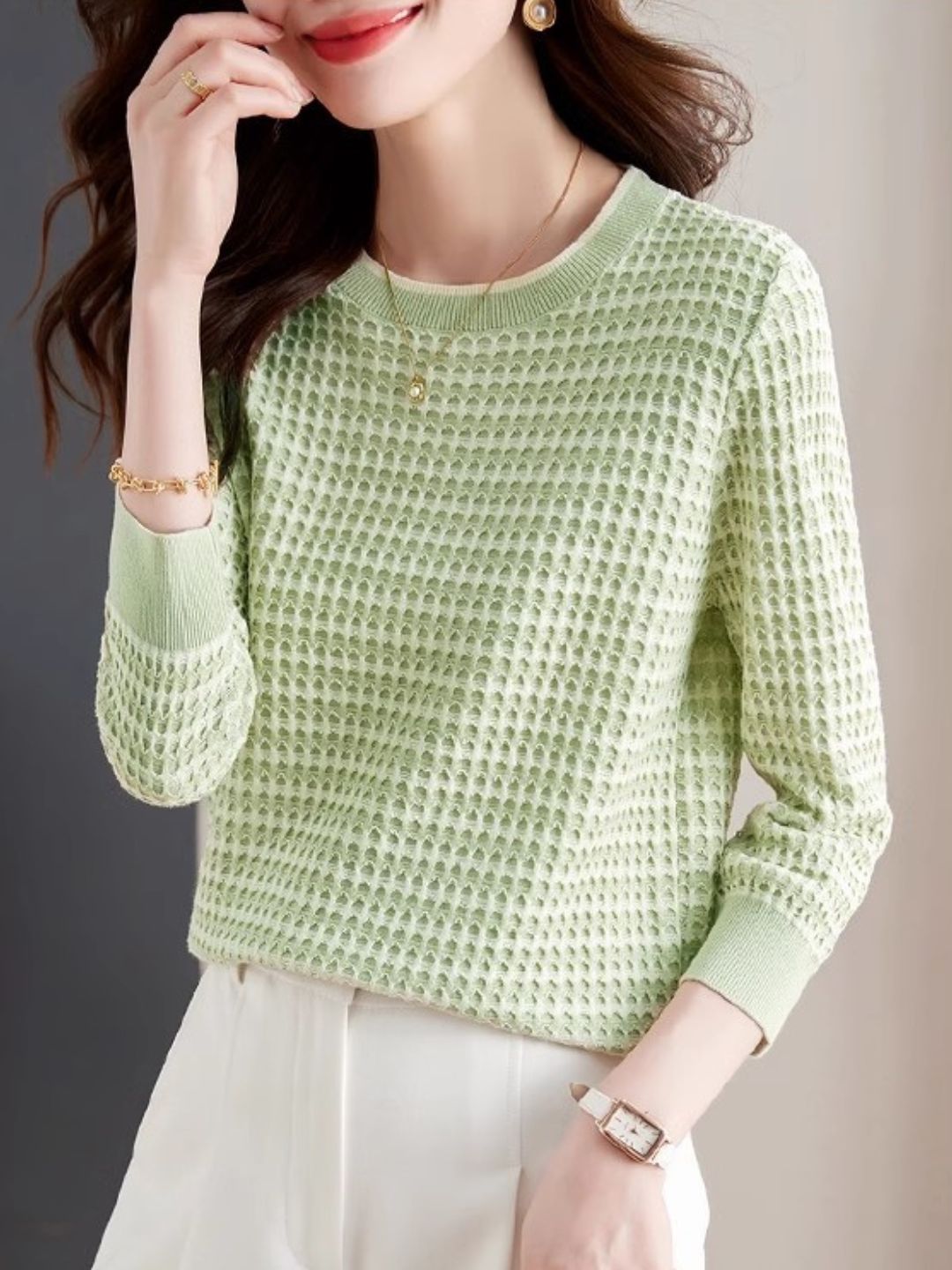 Long Sleeve Check Knit Top