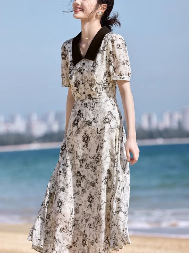 Lapel Floral Printed Chiffon Dress