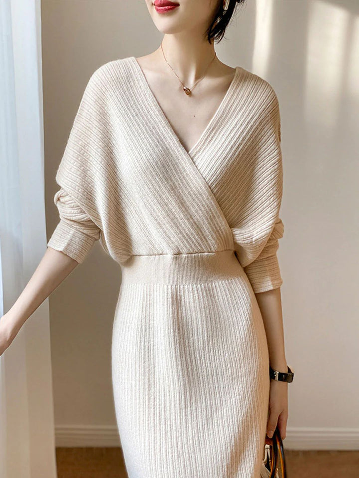 Vintage V-neck Knitted Sweater Dress - Coffee