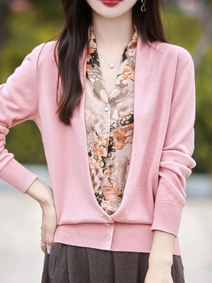 Casual V-Neck Printed Knitted Cardigan