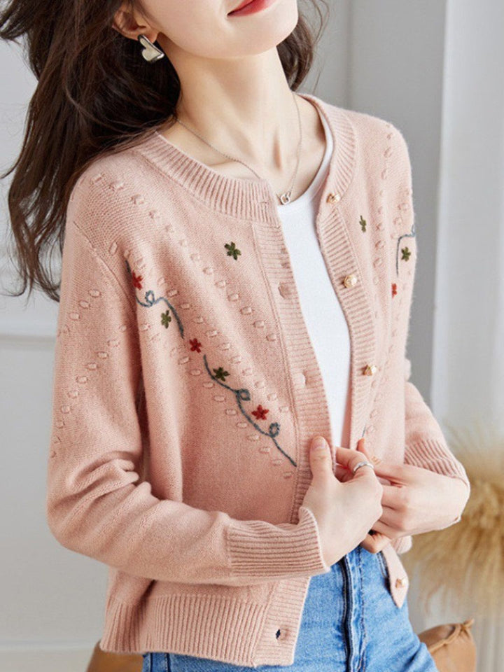 Crew Neck Embroidered Knitted Cardigan - Pink