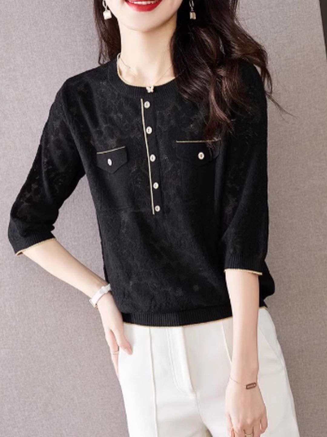 Crew Neck Hollow Knit Top