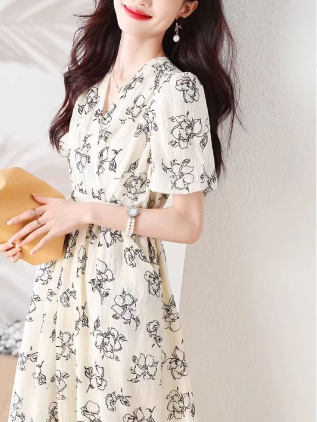 V-neck Printed Chiffon Dress