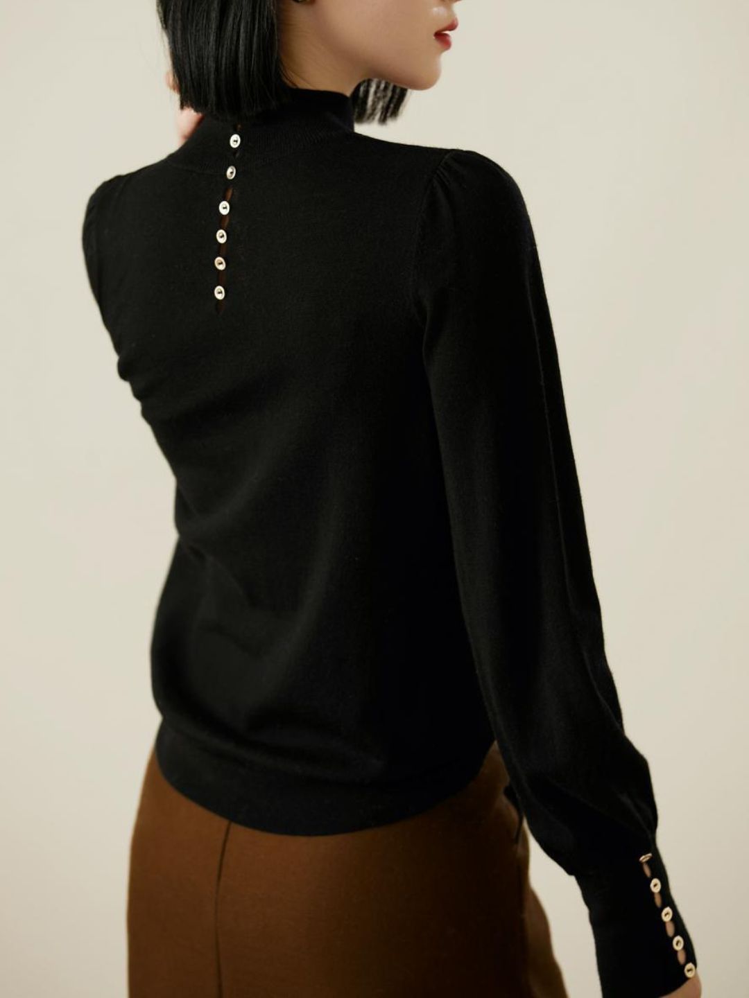 Button-Knit Sweater With Puff Sleeves