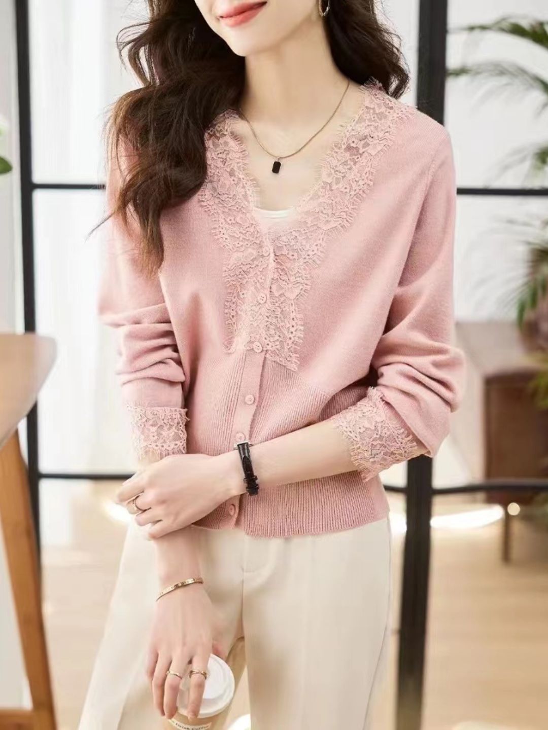 Lace Panel Knitted Cardigan - Apricot