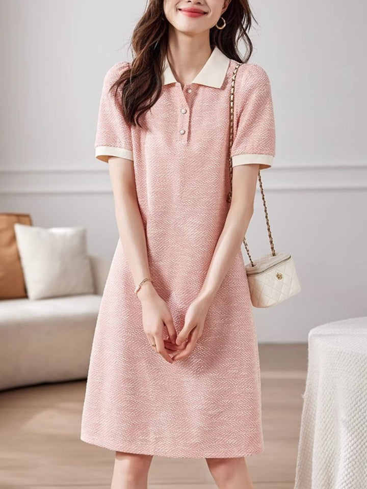 Contrast Color Lapel Textured Short Sleeve Dress