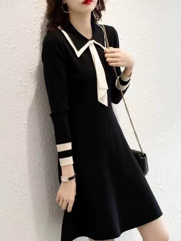 Classic Lapel Solid Knit Dress