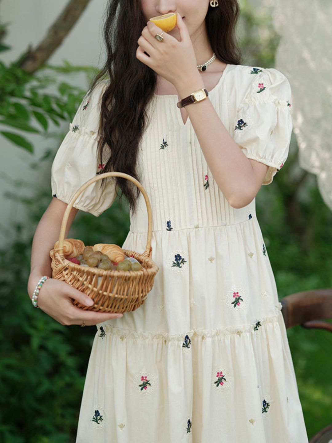 Puff Sleeve Embroidered Flower Dress