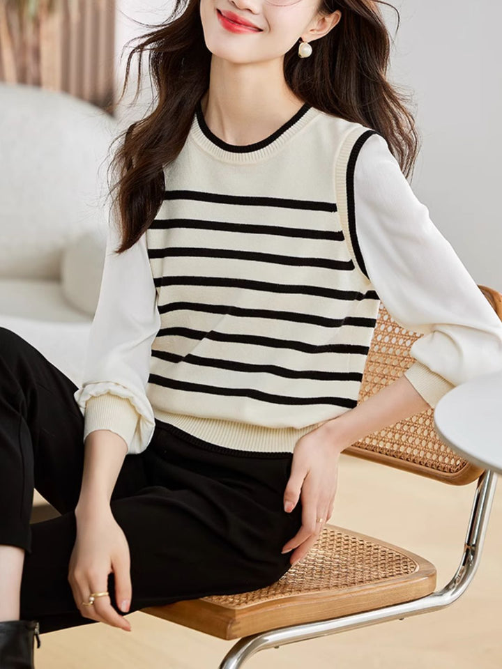 Long Sleeve Fake Two-Piece Striped Knit Top