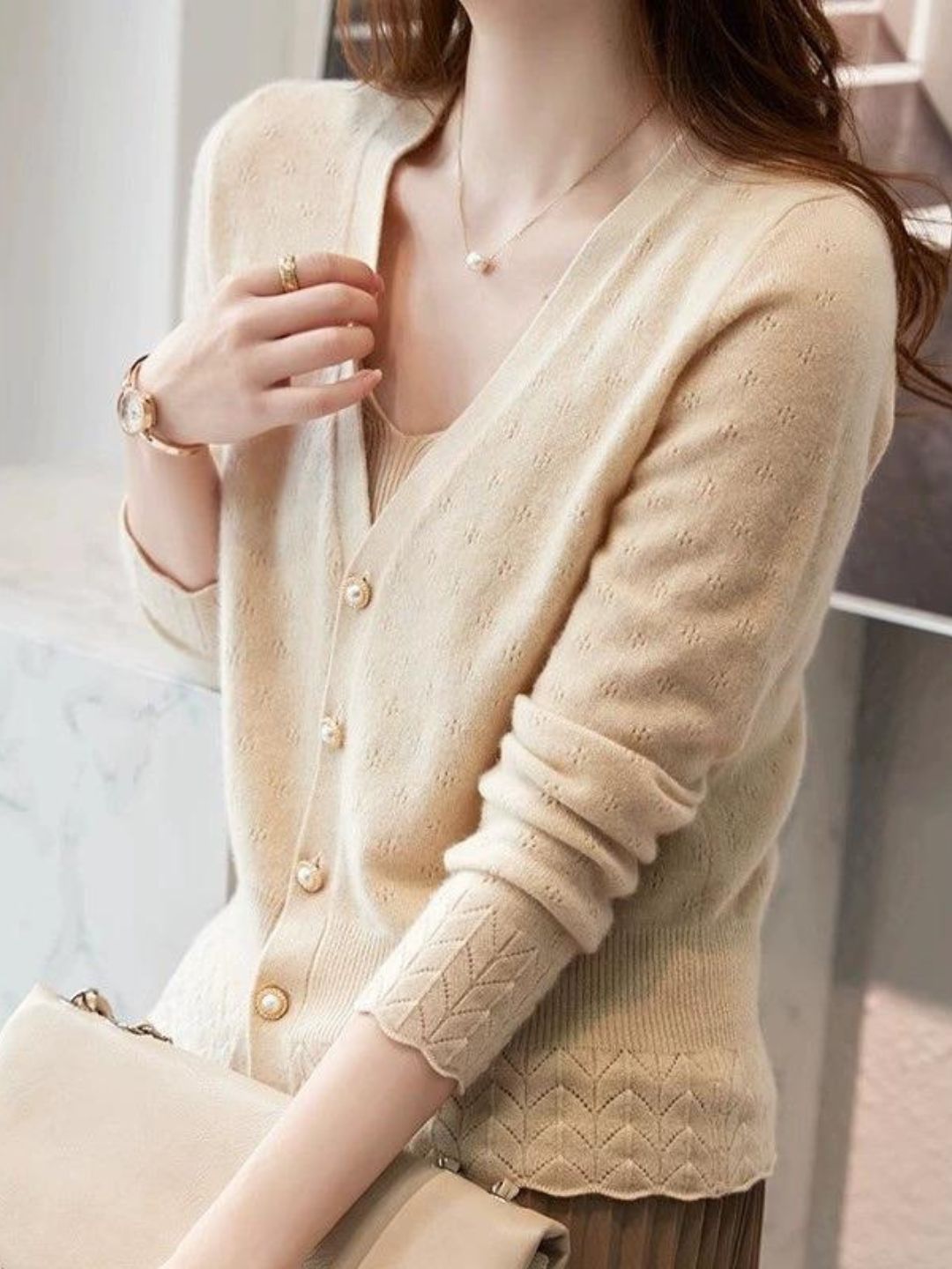 V-neck Lace Knitted Cardigan